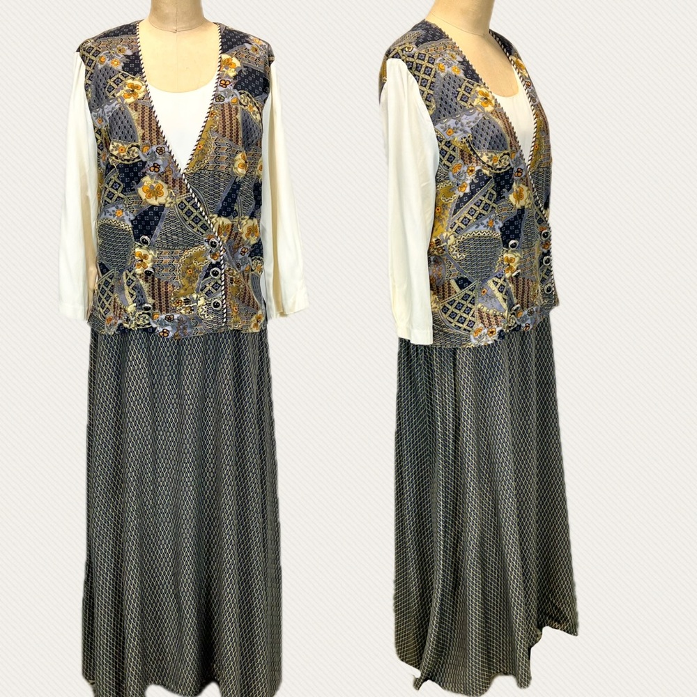 VINTAGE 80s moody‎ paisley mixed floral maxi dress long sleeve vest button front